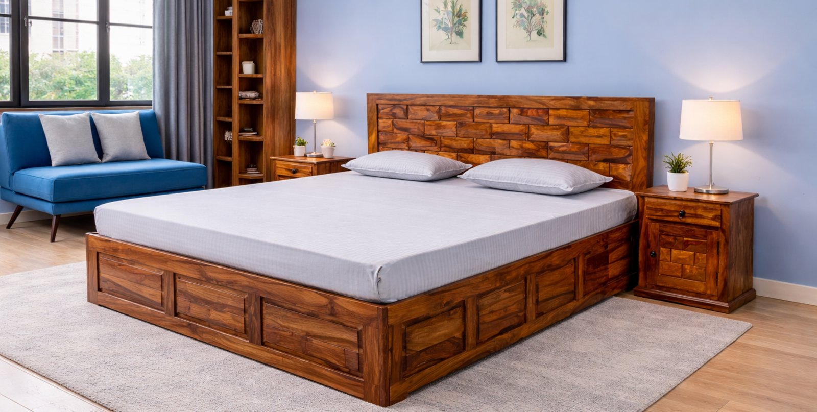 Modern bedroom with blue accents