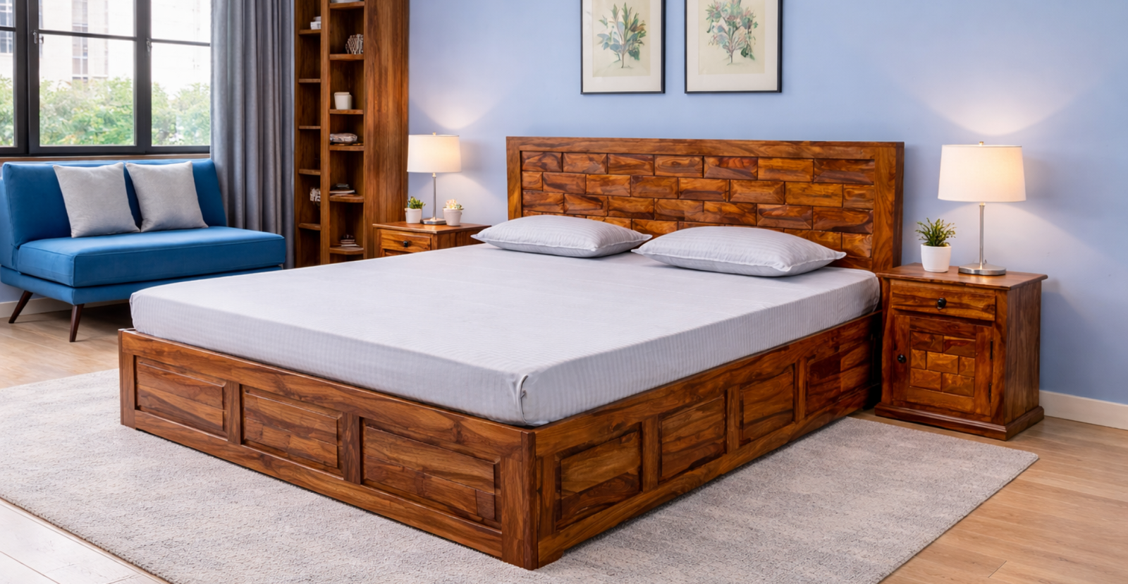 Modern bedroom with blue accents